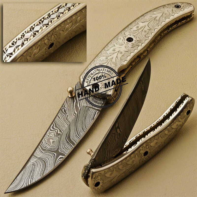 Custom Handmade Engraving Damascus Folding Liner Lock Knife