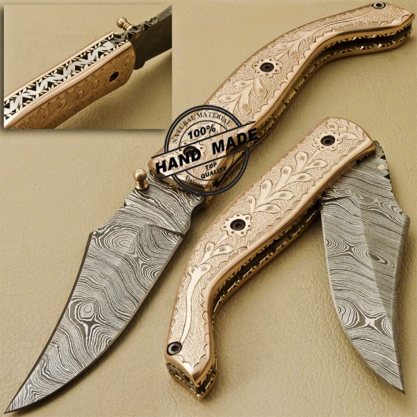 Full Damascus Folding Knife Custom Handmade Damascus Steel