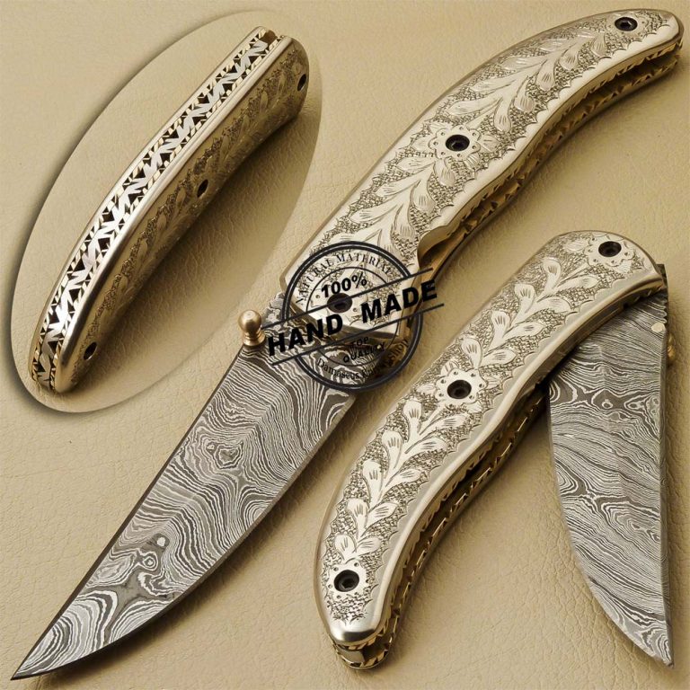 Custom Handmade Engraving Damascus Folding Liner Lock Knife With Copper 2C6