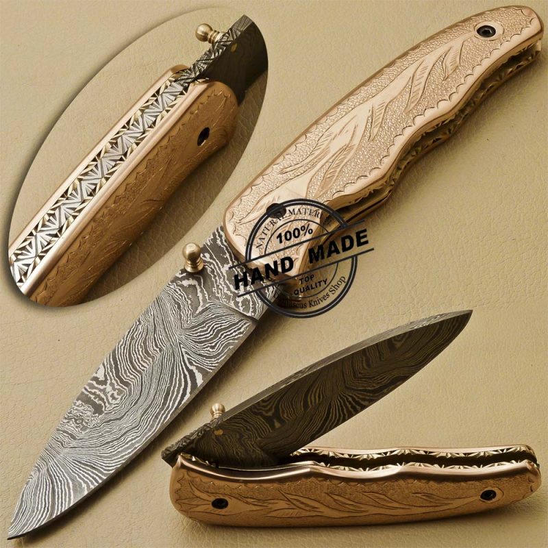 Custom Handmade Damascus Folding Liner Lock Knife With Rose Wood Handle 801