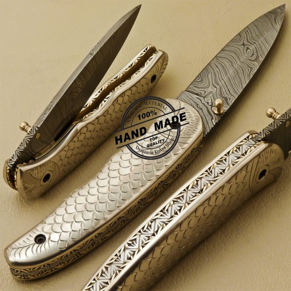 Damascus Folding Knife Custom Handmade Damascus Steel Pocket Knife