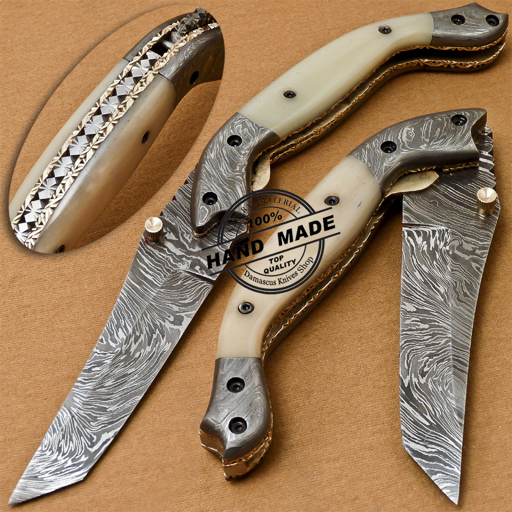 Custom Handmade Damascus Knife with Camel Bone Handle & Leather Sheath ...