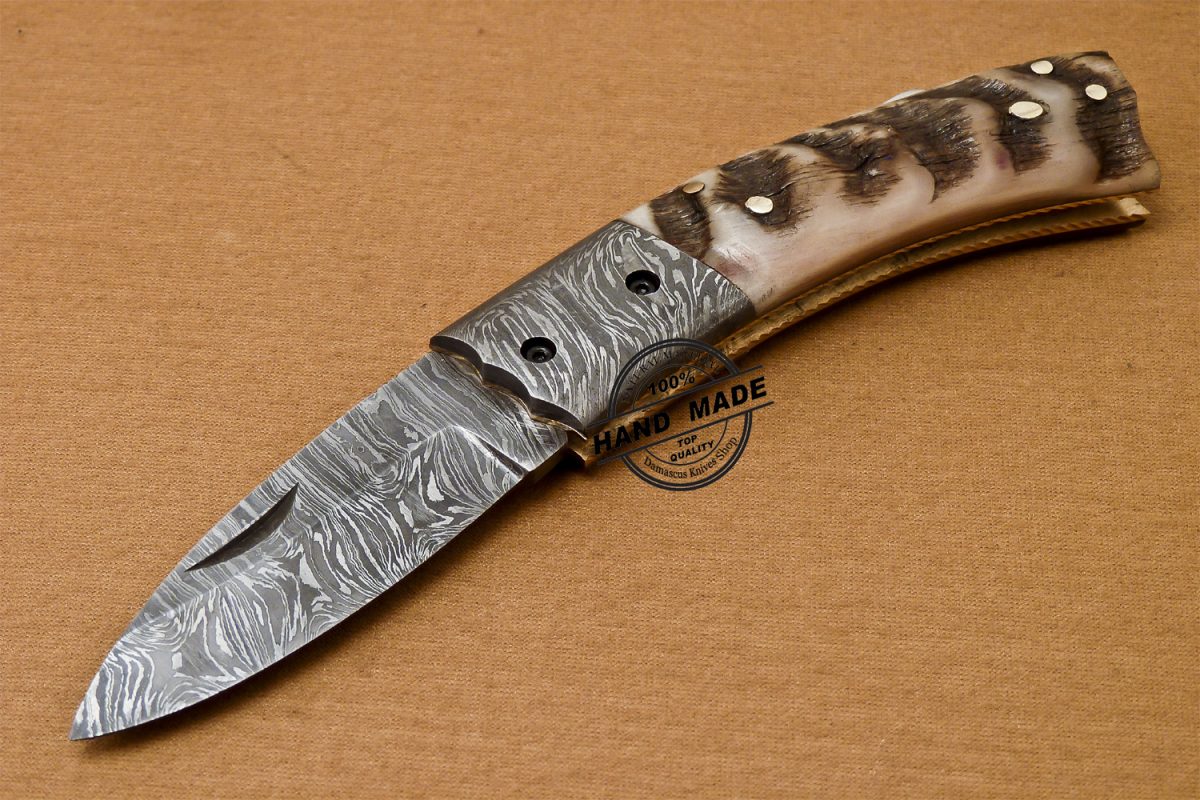 Back Lock Damascus Folding Knife Custom Forged Damascus Knife With Ram ...