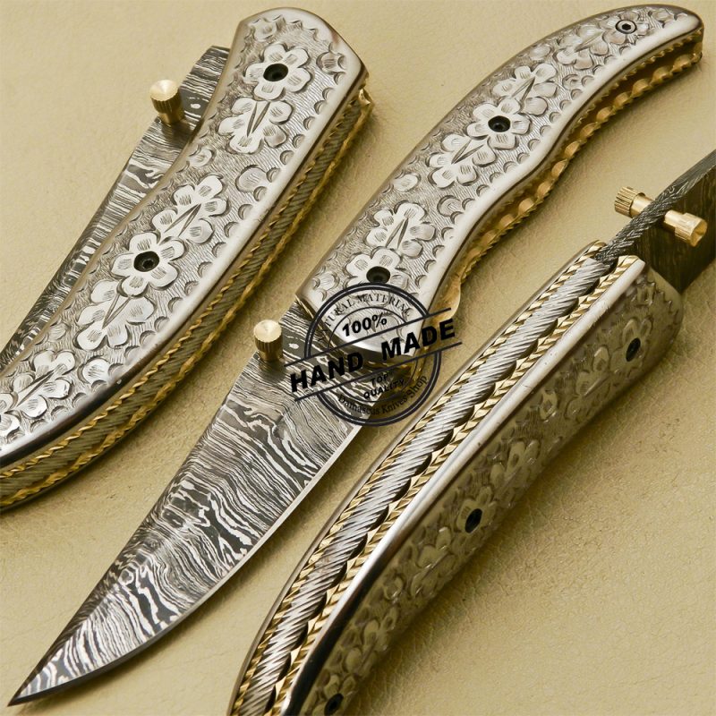 Custom Handmade Engraving Damascus Folding Knife