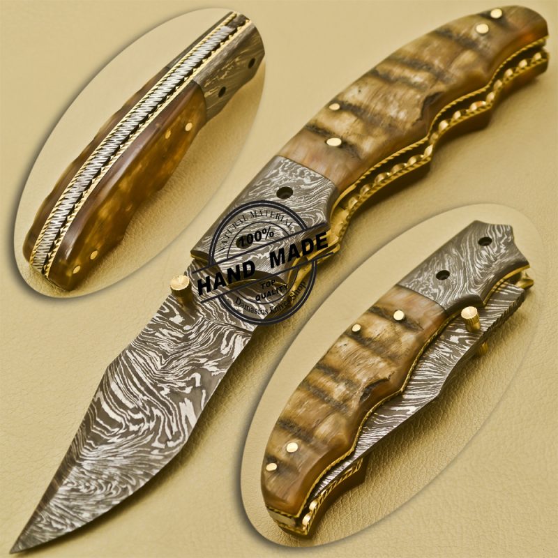 Damascus Folding Knife Custom Handmade Damascus Steel Knife