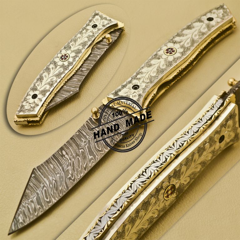 Damascus Folding Liner Lock Knife Custom Handmade Damascus Steel