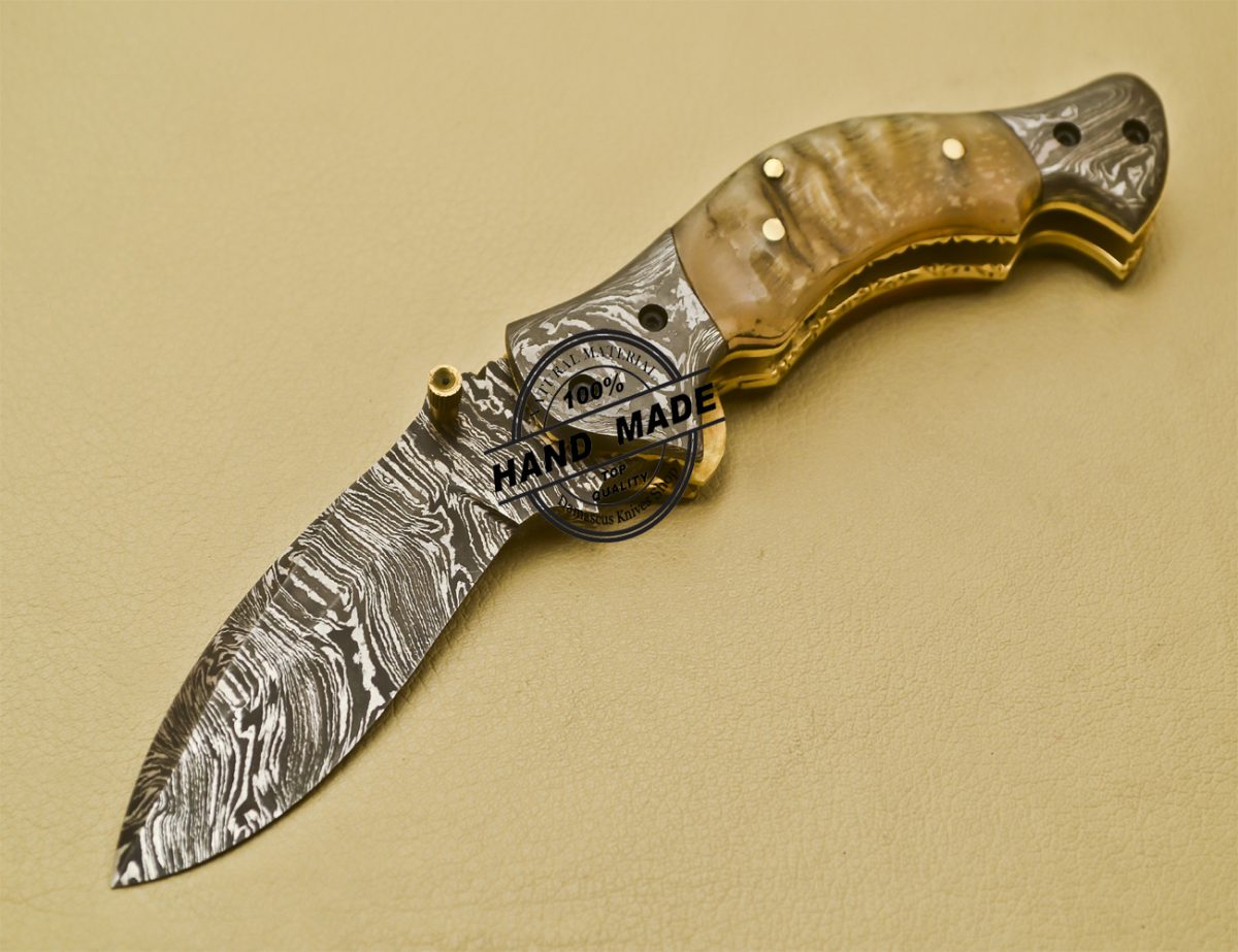 New Damascus Pocket Knife Custom Handmade Damascus Steel