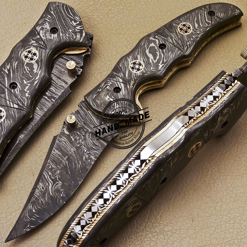 Full Damascus Folding Knife Custom Handmade Damascus Steel