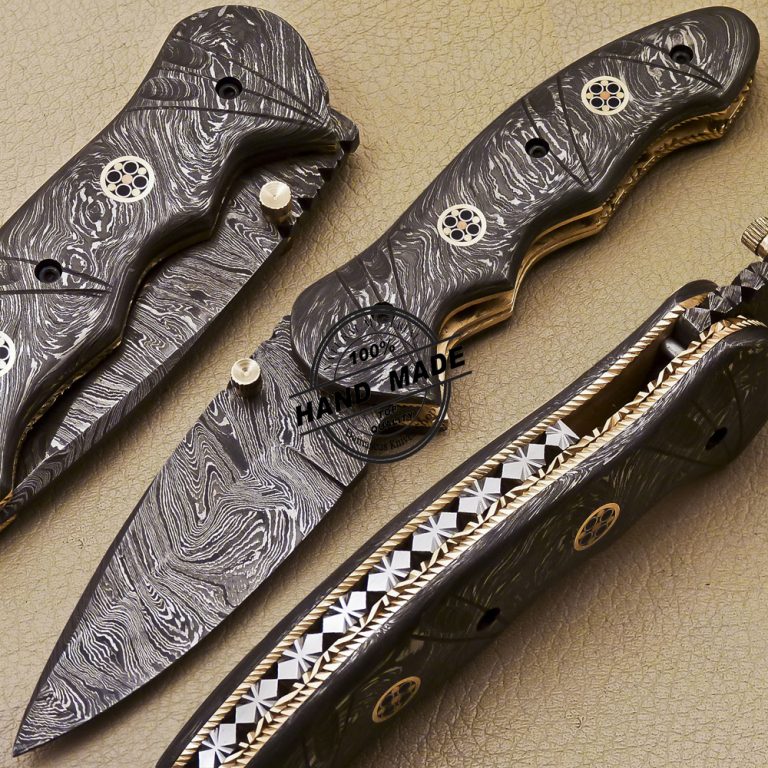 Full Damascus Folding Knife Custom Handmade Damascus Steel