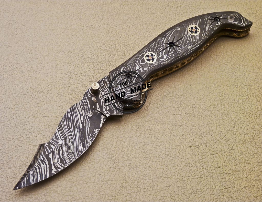 Full Damascus Folding Knife Custom Handmade Damascus Steel