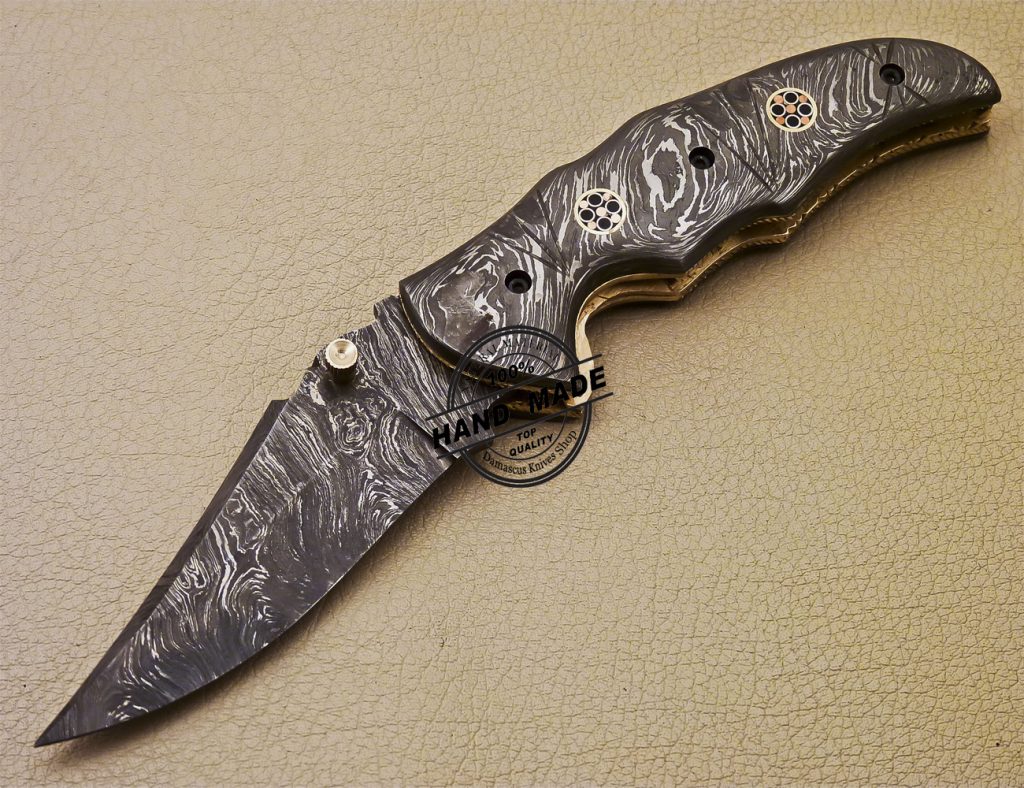 Full Damascus Folding Knife Custom Handmade Damascus Steel