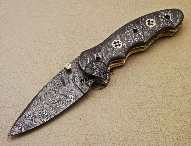 Full Damascus Folding Knife Custom Handmade Damascus Steel