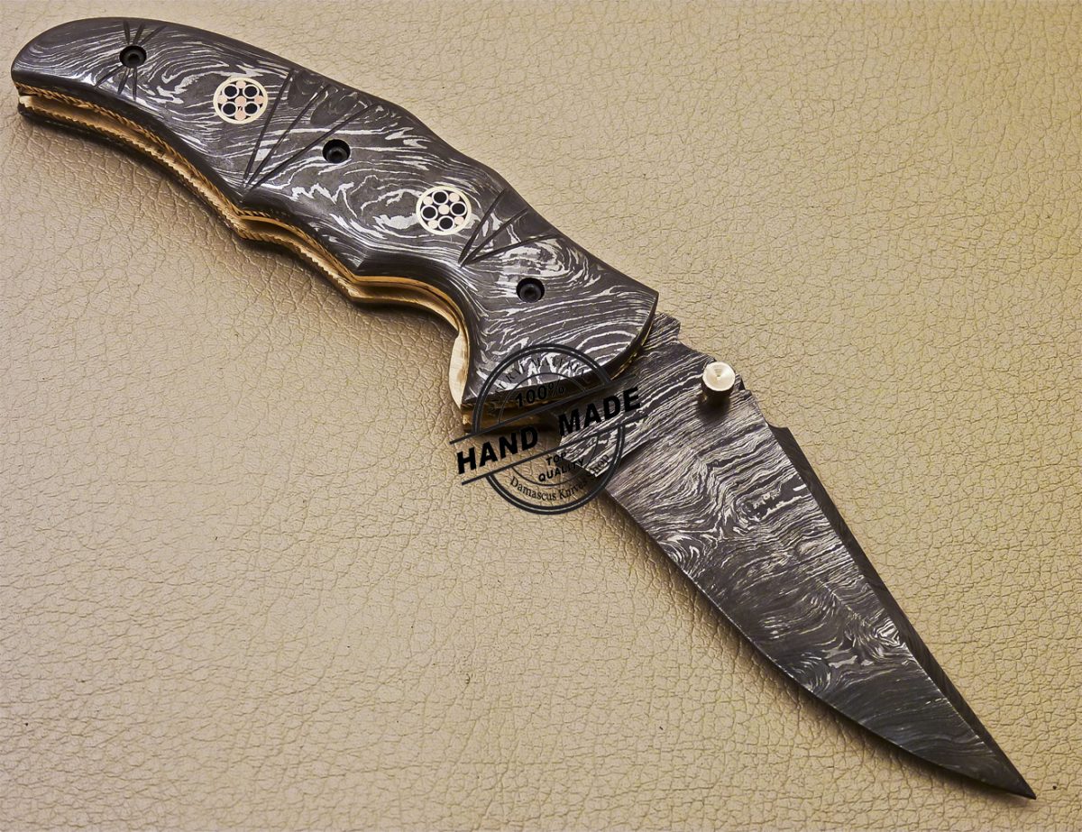 Full Damascus Folding Knife Custom Handmade Damascus Steel