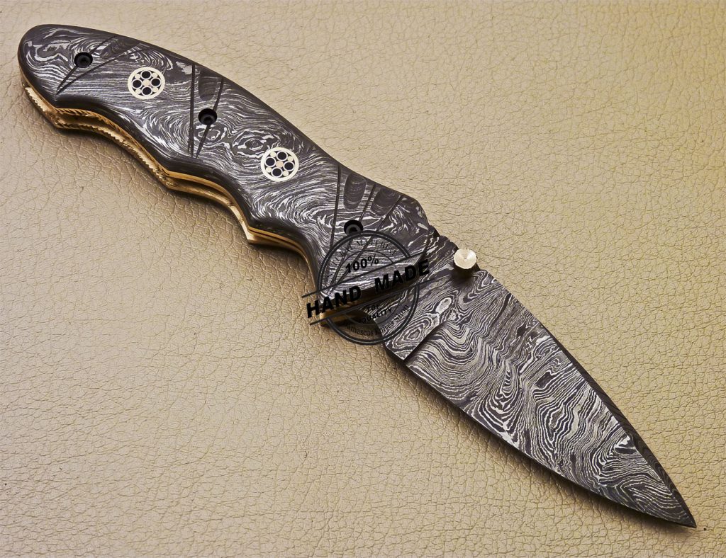 Full Damascus Folding Knife Custom Handmade Damascus Steel