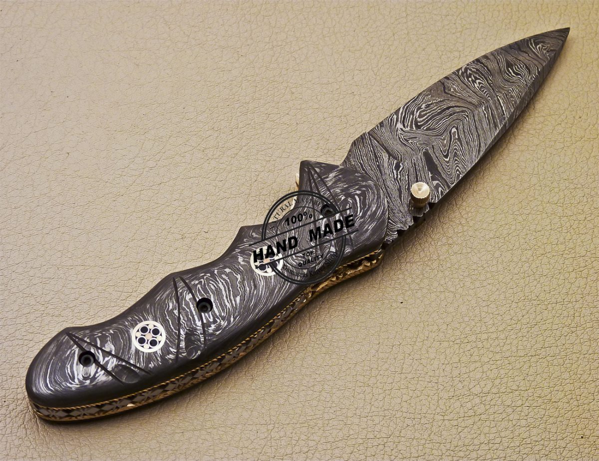 Full Damascus Folding Knife Custom Handmade Damascus Steel