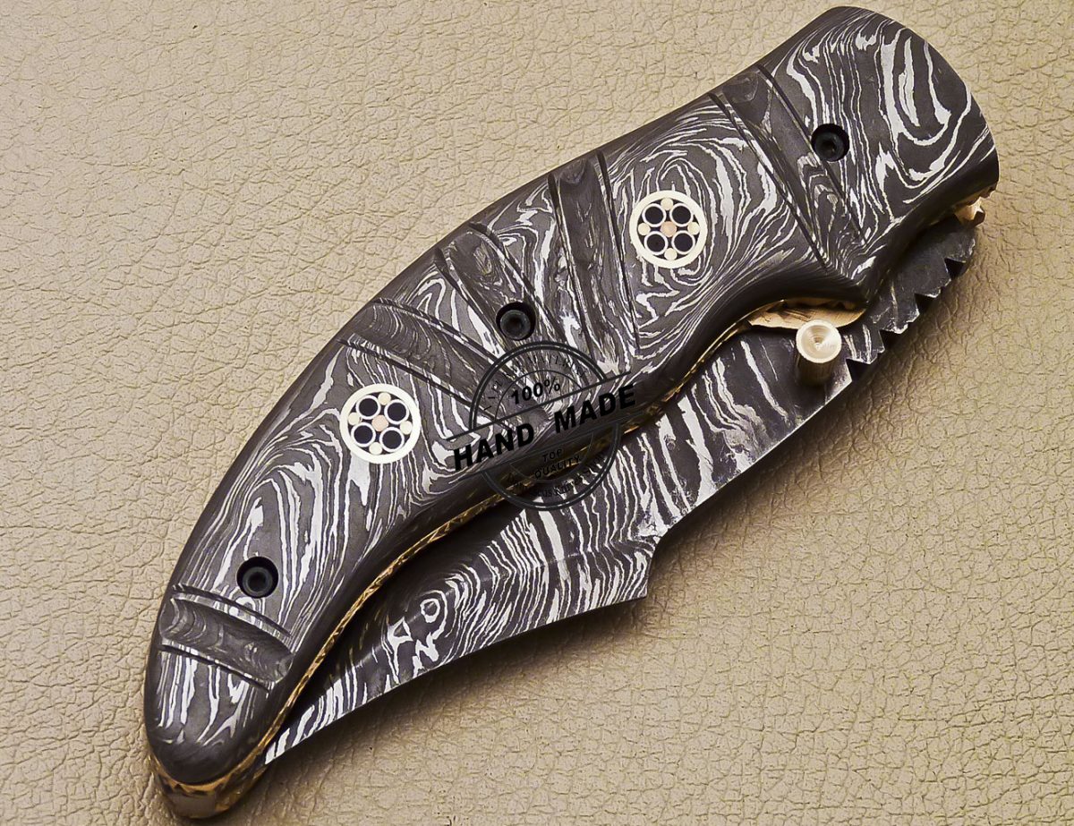 Full Damascus Folding Knife Custom Handmade Damascus Steel