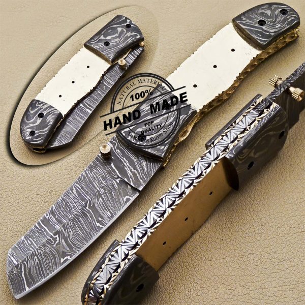 Custom Handmade Engraving Damascus Folding Knife With Leather Sheaths 879