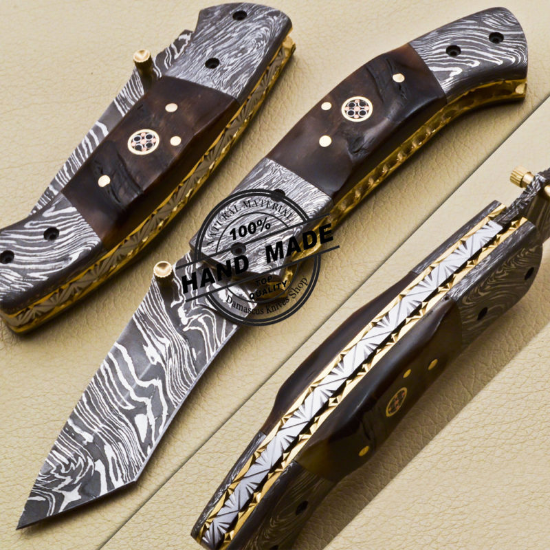 Damascus Folding Knife Custom Handmade Damascus Steel Knife