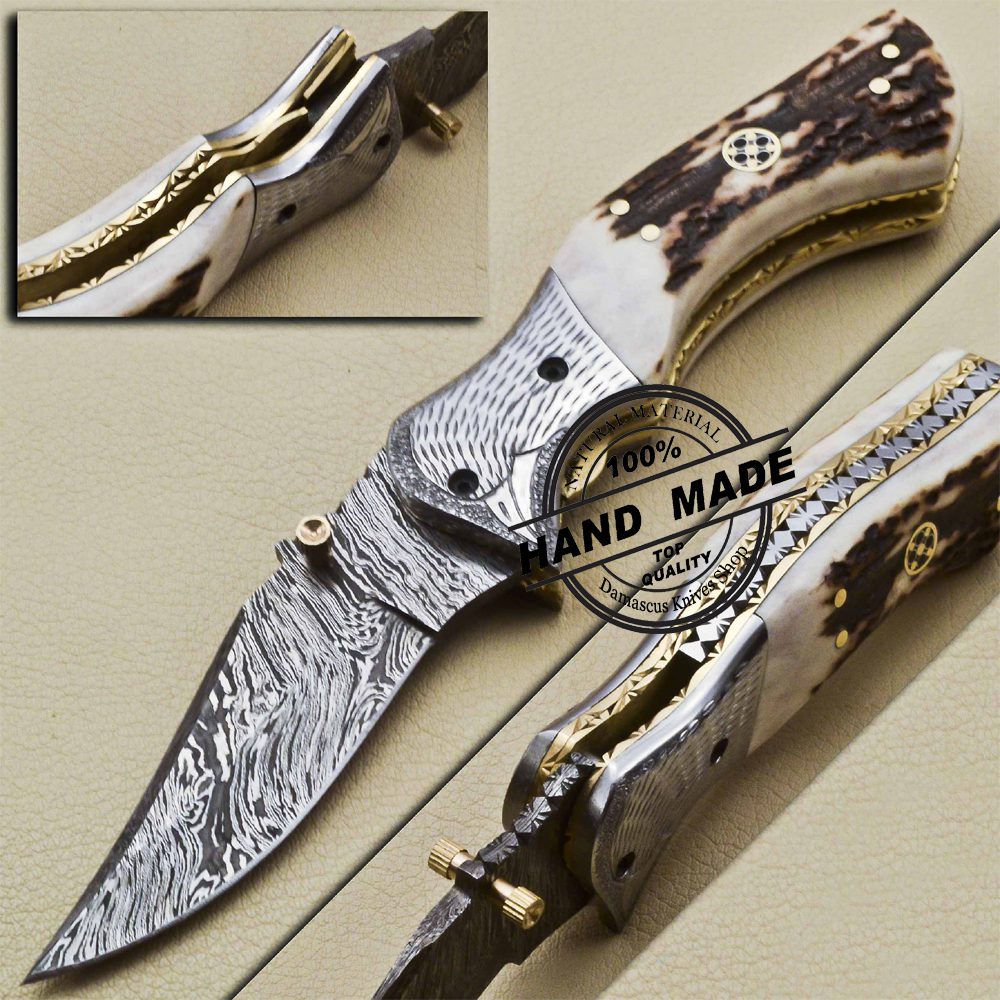 Custom Handmade Damascus Steel Pocket Knife Folding Blade With