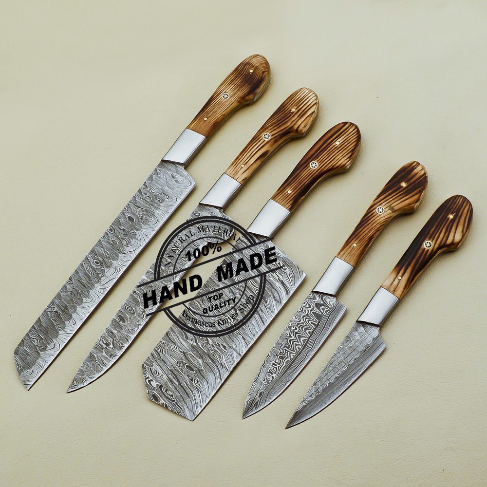Handmade Damascus Chef set Of 5pcs With Leather,Damascus Knife Set,Damascus  Chef Knife,Full Kitchen Knife Set,Damascus Chef Set,Newly Design