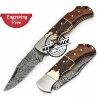 Damascus Folding Pocket Knife, Rose Wood Handle Knives, Groomsmen