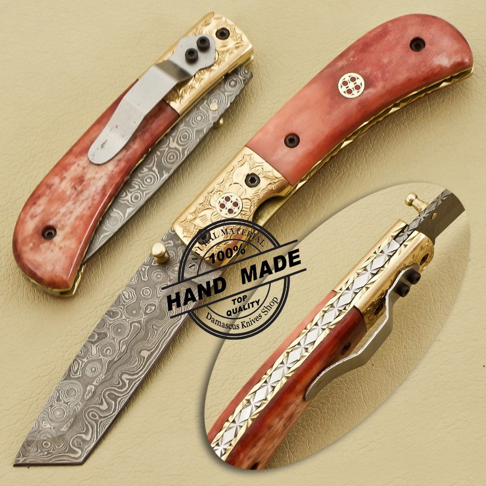 Tanto Blade Damascus Pocket Knife Custom Handmade Knife