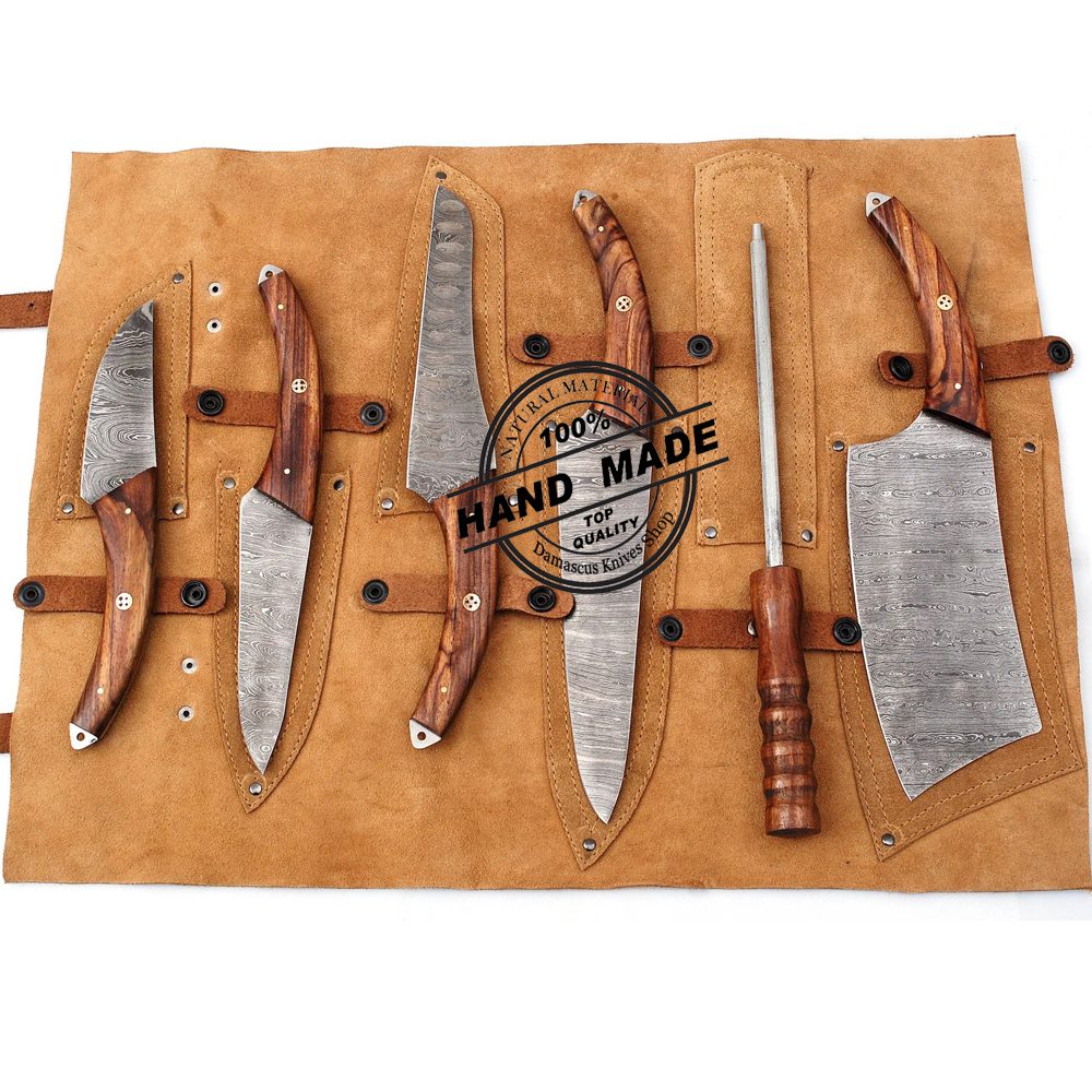  Best knife Handmade Professional Kitchen Damascus Knife Set,  8pcs Best Damascus Steel Chef Kitchen Knif set With Storage Roll Case Bag,  High Carbon Japanese style BBQ Butcher Knives Set: Home 